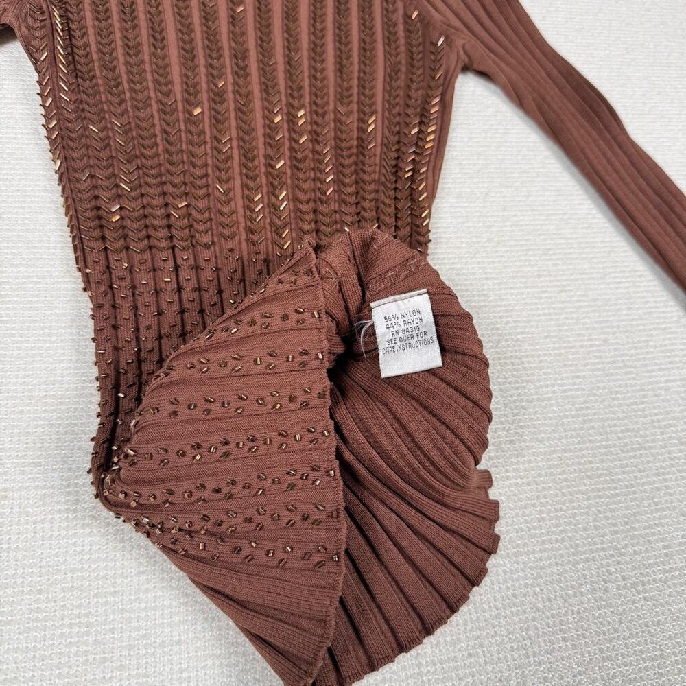 Cache Off Shoulder Ribbed Knit Top Brown Studded Stretch XS Y2K Metallic Trim EU - Picture 8 of 8